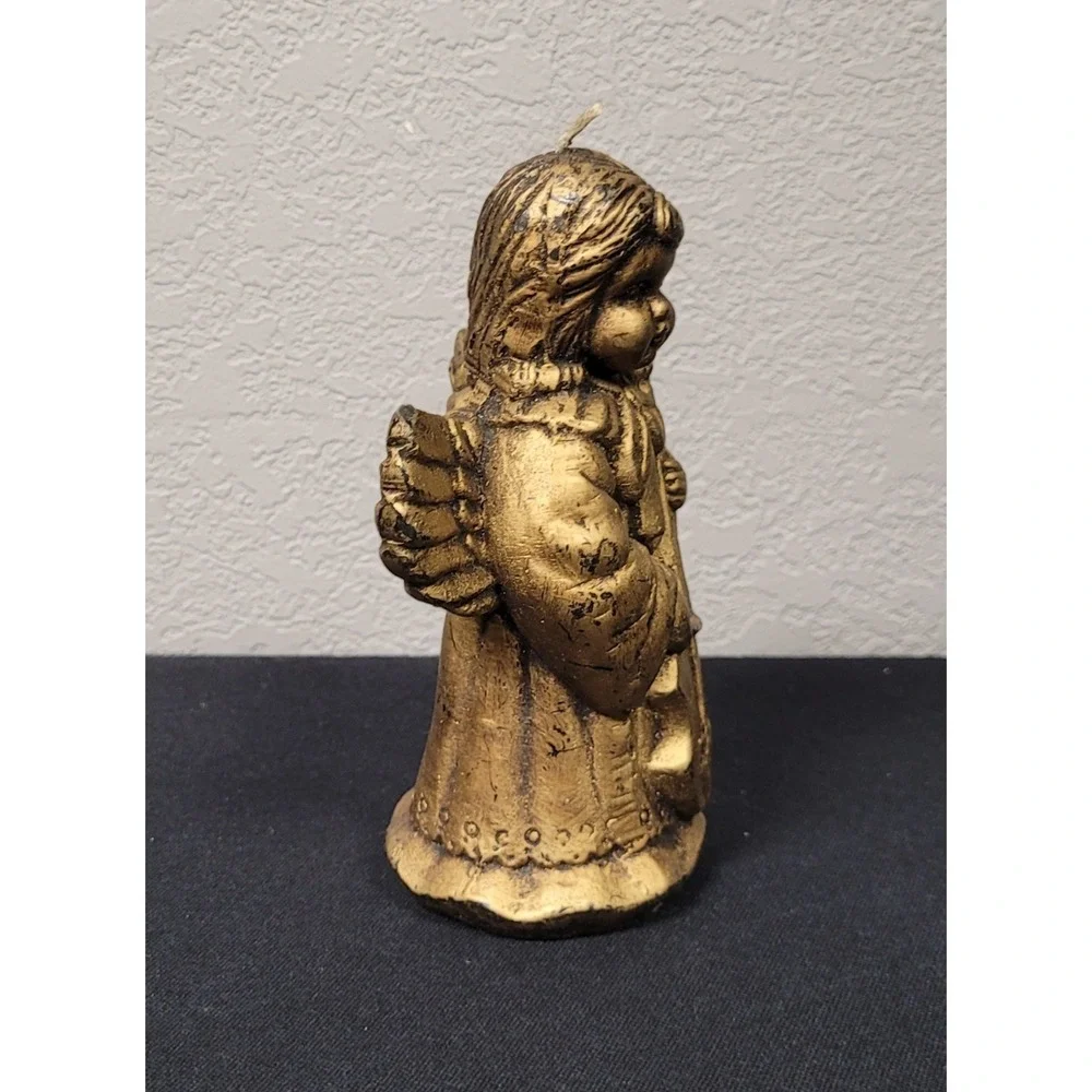 Angel Playing Cello Wax Candle Antique Gold Color 6 Inch Tall